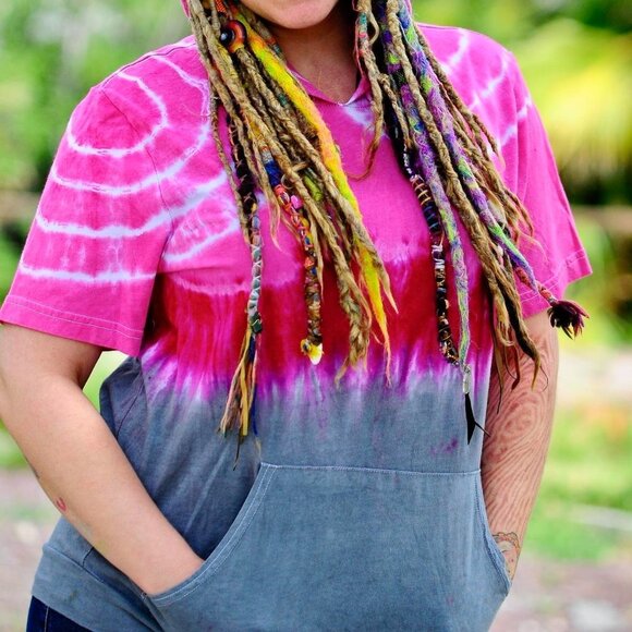 Hooded Short Sleeve Tie Dye Tee with Front Pocket - Unisex - Bella Canvas - Picture 3 of 6